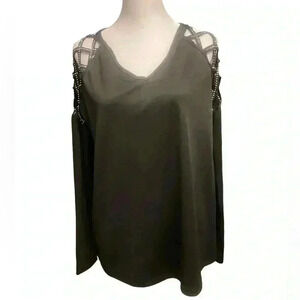 Emery Rose Black cutout sleeves with Rhinestone Detail long sleeve top size lg